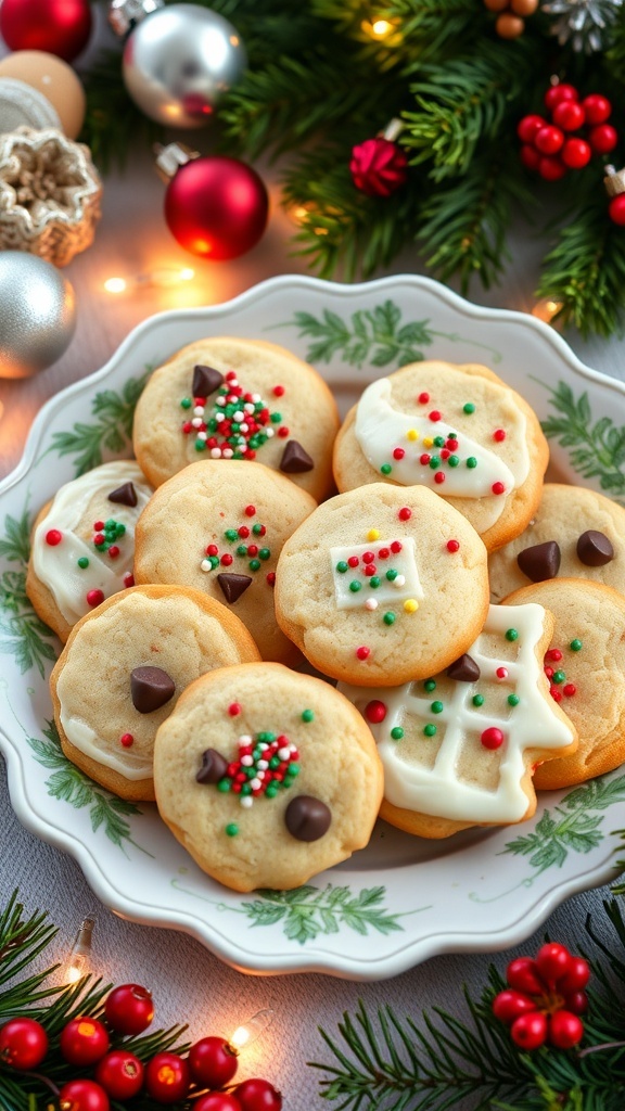 A plate of decorated Christmas cookies with sprinkles and chocolate chips, surrounded by festive holiday decorations.